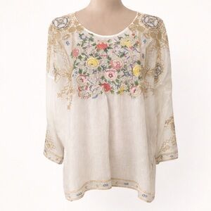 Johnny Was Embroidered Cupra Rayon Boho Tunic Top Floral Ivory NWT Small